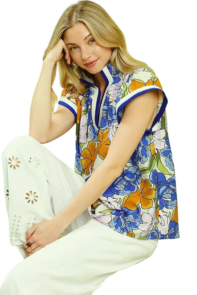 Blouse met bloemenprint en contrasterende bies - Lichtgewicht, stijlvolle casual top