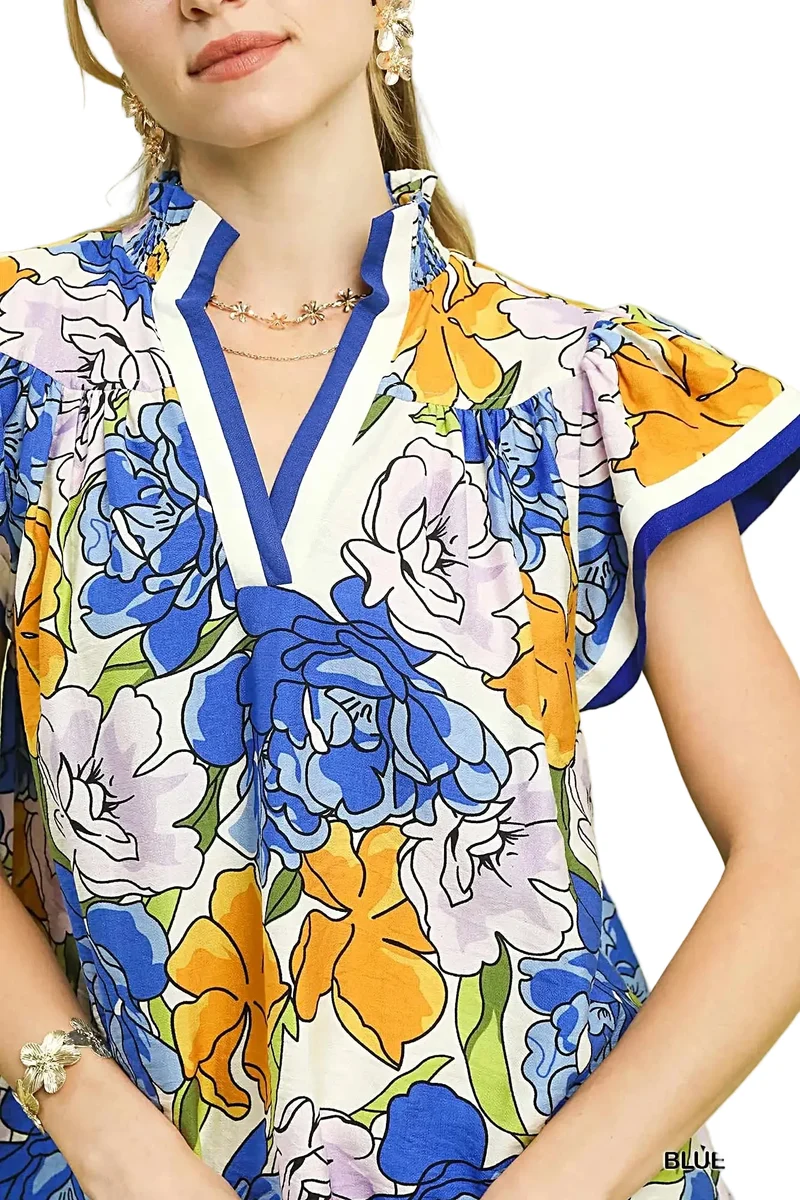 Blouse met bloemenprint en contrasterende bies - Lichtgewicht, stijlvolle casual top