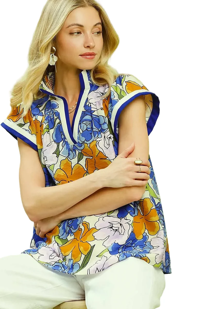 Blouse met bloemenprint en contrasterende bies - Lichtgewicht, stijlvolle casual top