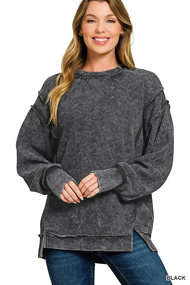 Trendy acid wash sweatshirt met dubbele ribdetails en zichtbare naden - comfortabele en chique stijl