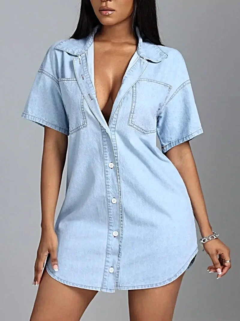 Elegante denim jurk met knoopsluiting en zakken - korte mouwen, casual chique stijl