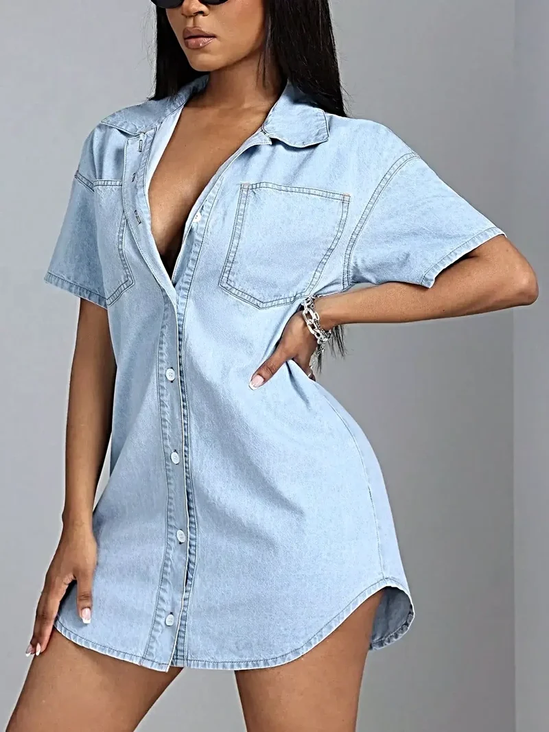 Elegante denim jurk met knoopsluiting en zakken - korte mouwen, casual chique stijl