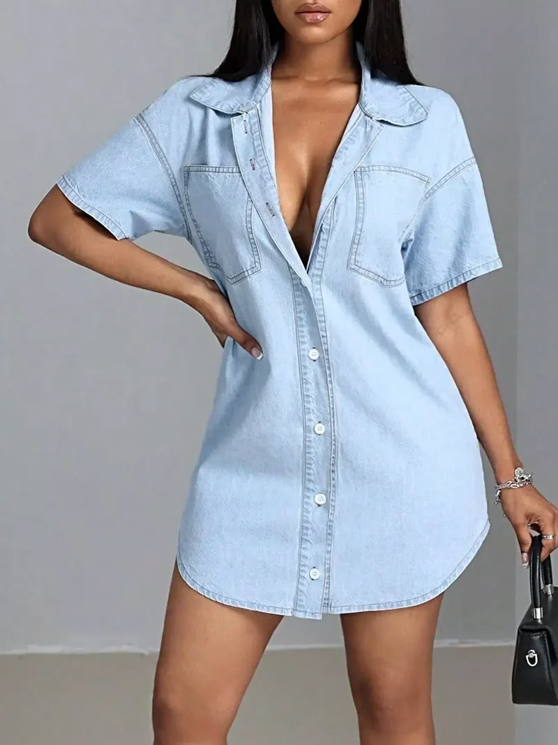 Elegante denim jurk met knoopsluiting en zakken - korte mouwen, casual chique stijl