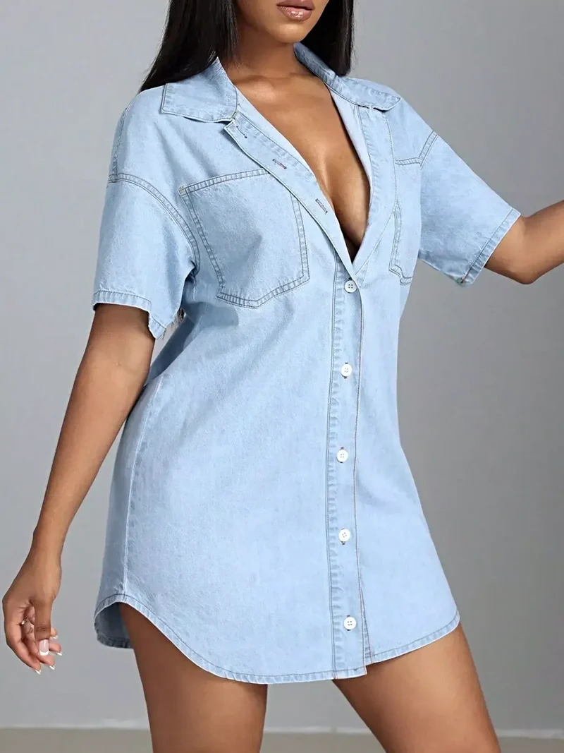 Elegante denim jurk met knoopsluiting en zakken - korte mouwen, casual chique stijl