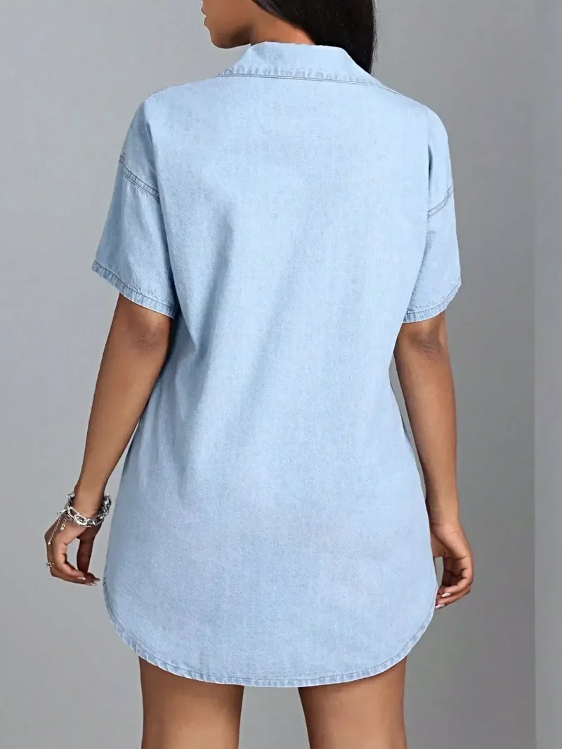 Elegante denim jurk met knoopsluiting en zakken - korte mouwen, casual chique stijl