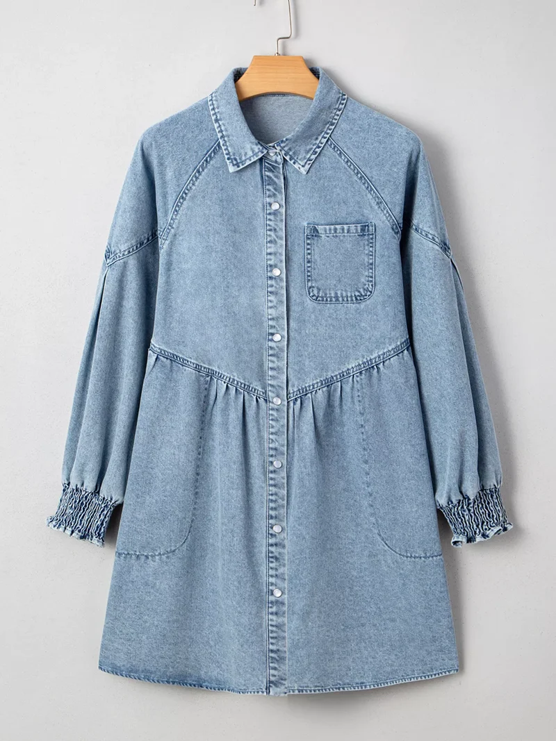 Mini-jurk van denim met geplooide manchetten en wijde pijpen