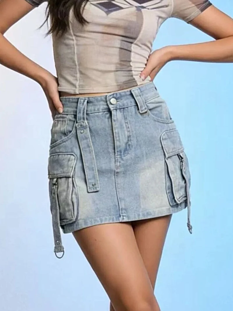Gewassen denim cargo rok met zakken - 85% katoen, klassiek en stijlvol ontwerp