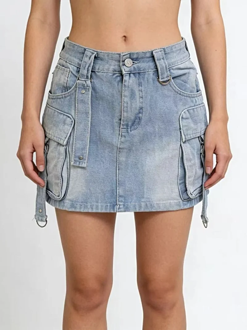 Gewassen denim cargo rok met zakken - 85% katoen, klassiek en stijlvol ontwerp