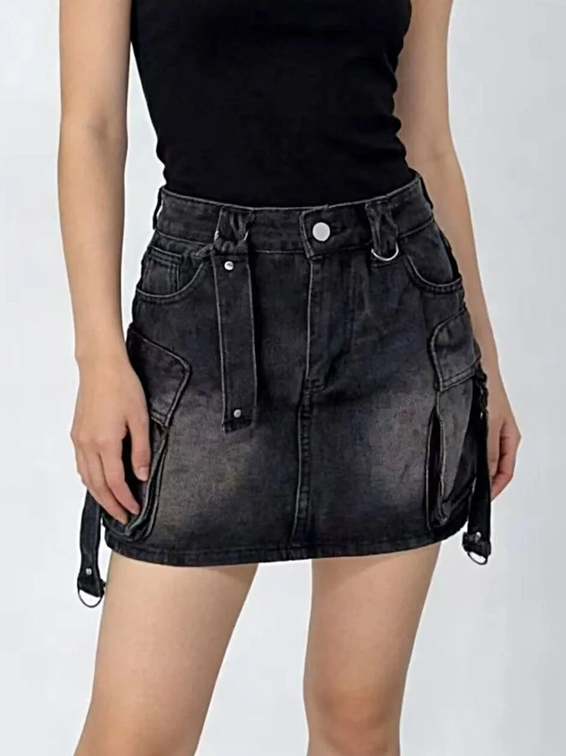 Gewassen denim cargo rok met zakken - 85% katoen, klassiek en stijlvol ontwerp