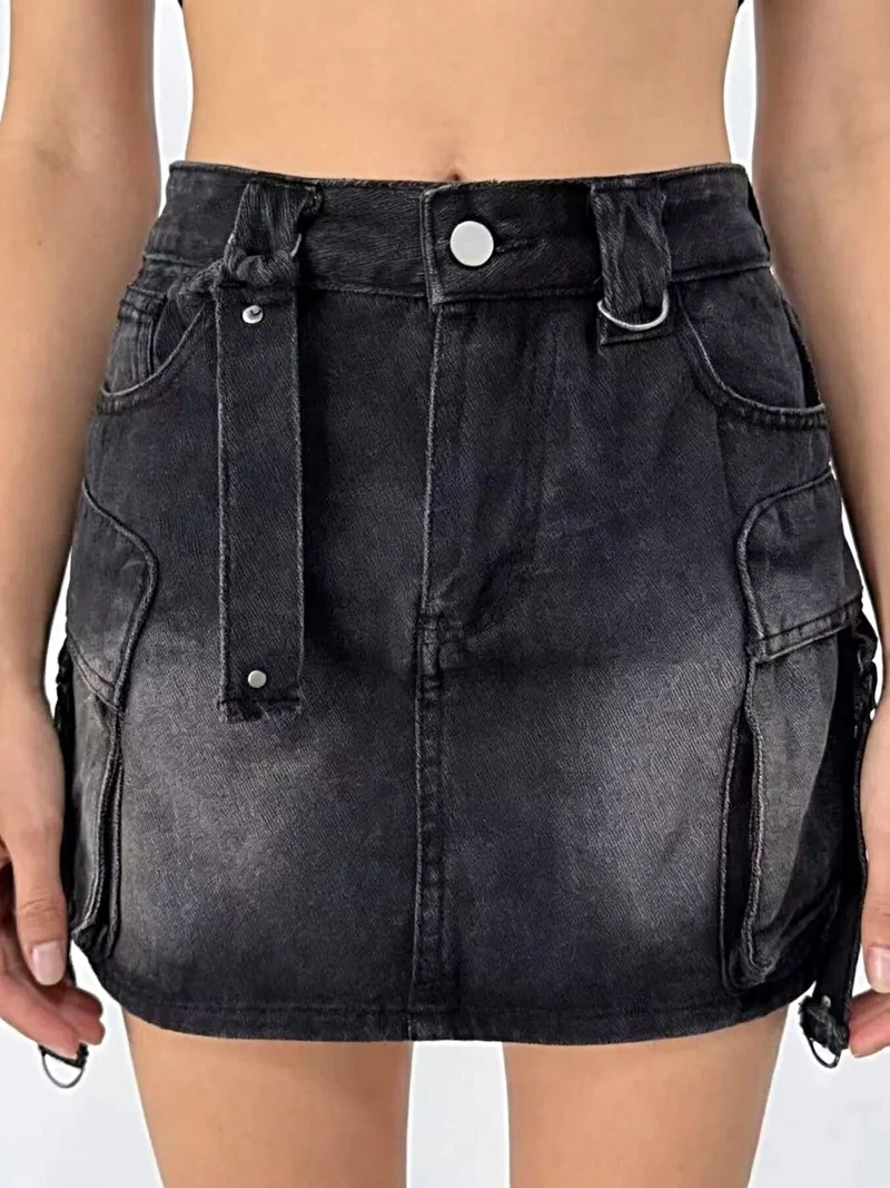 Gewassen denim cargo rok met zakken - 85% katoen, klassiek en stijlvol ontwerp