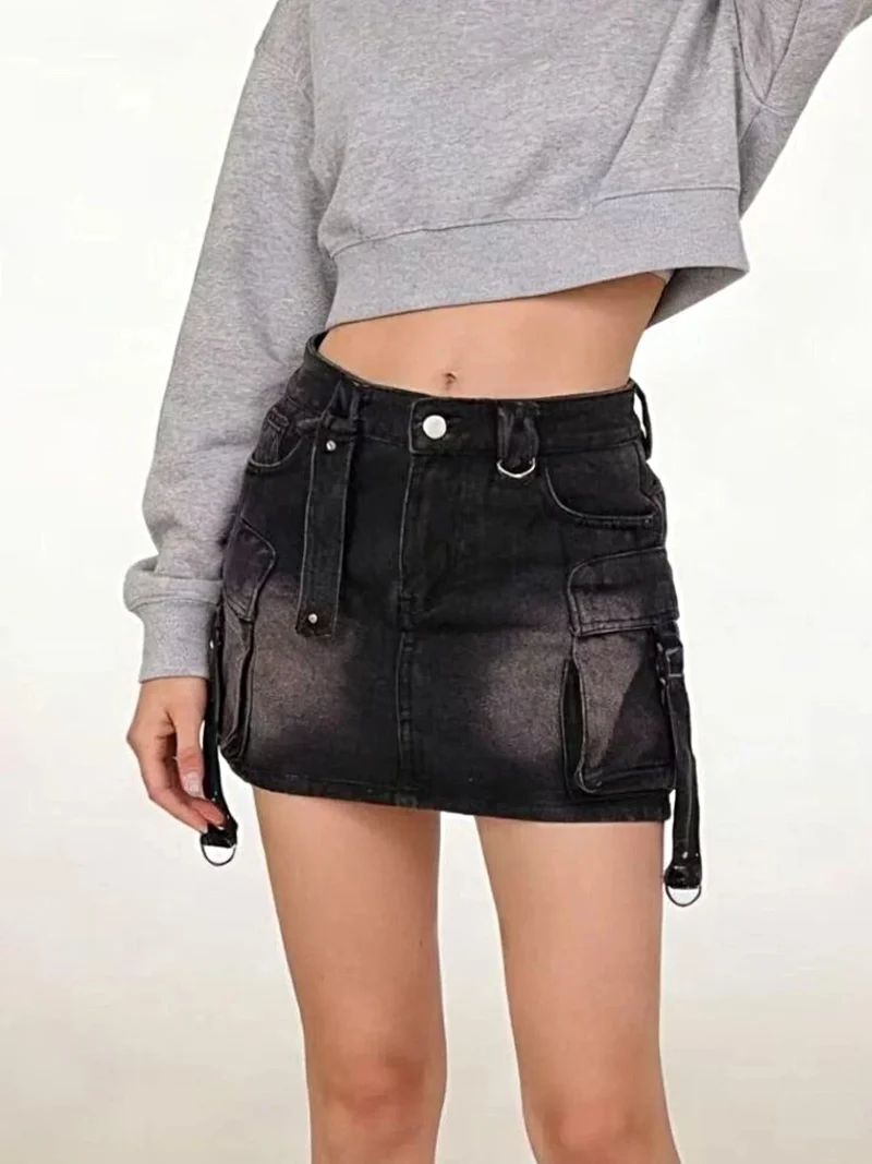 Gewassen denim cargo rok met zakken - 85% katoen, klassiek en stijlvol ontwerp