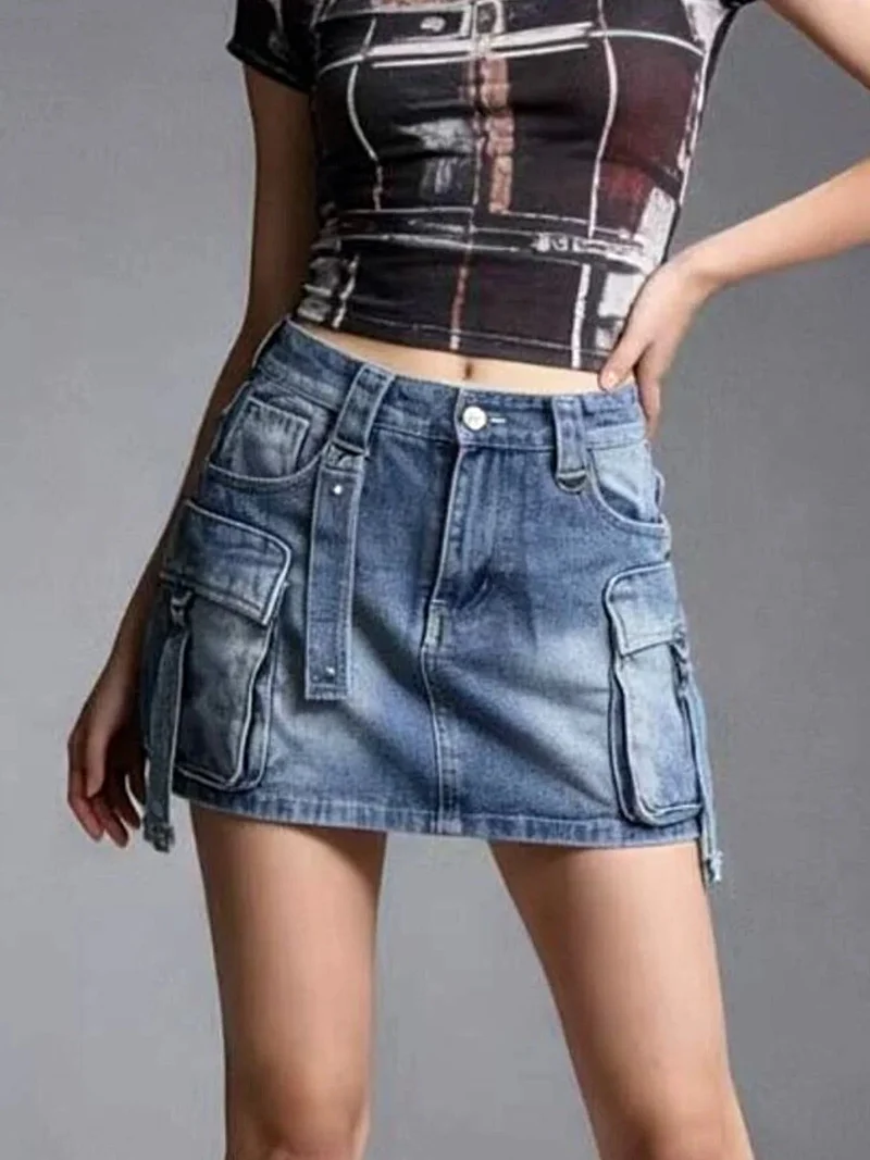 Gewassen denim cargo rok met zakken - 85% katoen, klassiek en stijlvol ontwerp