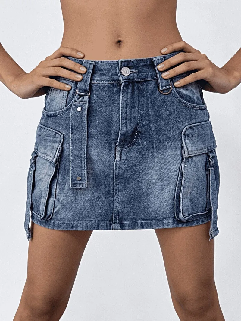 Gewassen denim cargo rok met zakken - 85% katoen, klassiek en stijlvol ontwerp