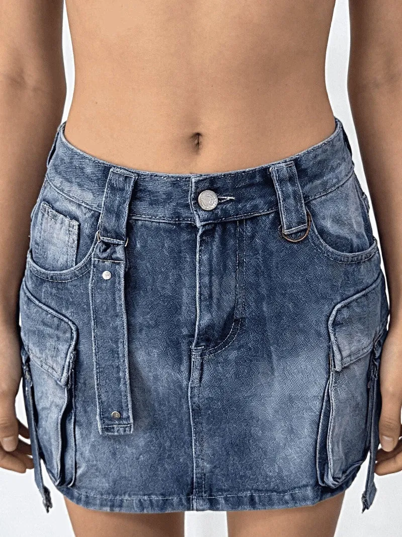 Gewassen denim cargo rok met zakken - 85% katoen, klassiek en stijlvol ontwerp