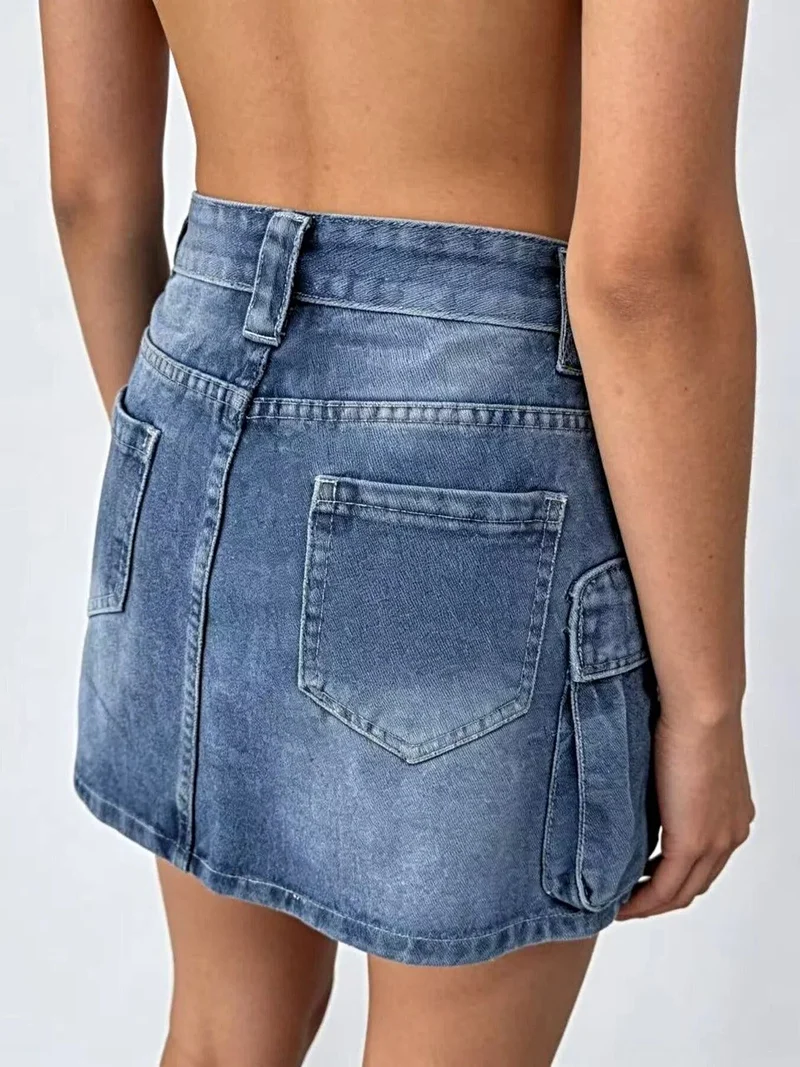 Gewassen denim cargo rok met zakken - 85% katoen, klassiek en stijlvol ontwerp