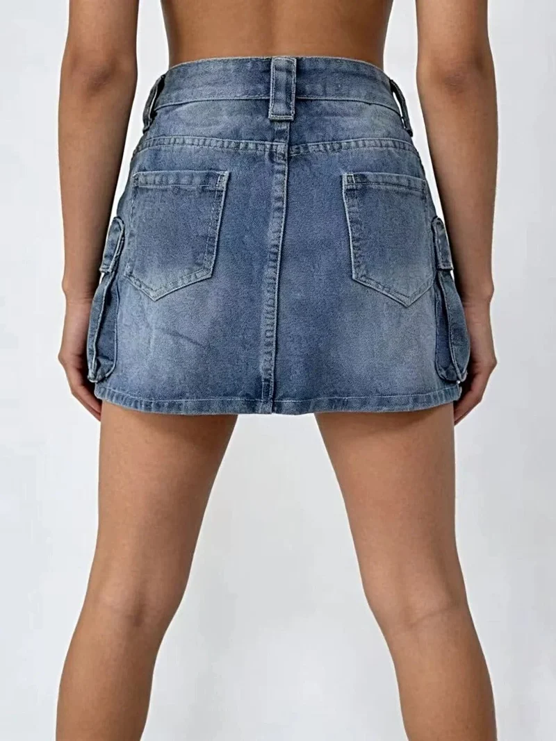 Gewassen denim cargo rok met zakken - 85% katoen, klassiek en stijlvol ontwerp