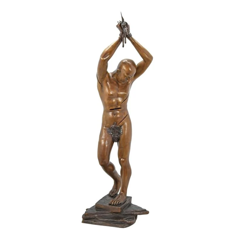 Casa Padrino Luxus Bronze Skulptur Männerakt auf Felssockel Bronze / Braun 58 x H. 190 cm - Lebensgroße Bronzefigur - Große Deko Figur