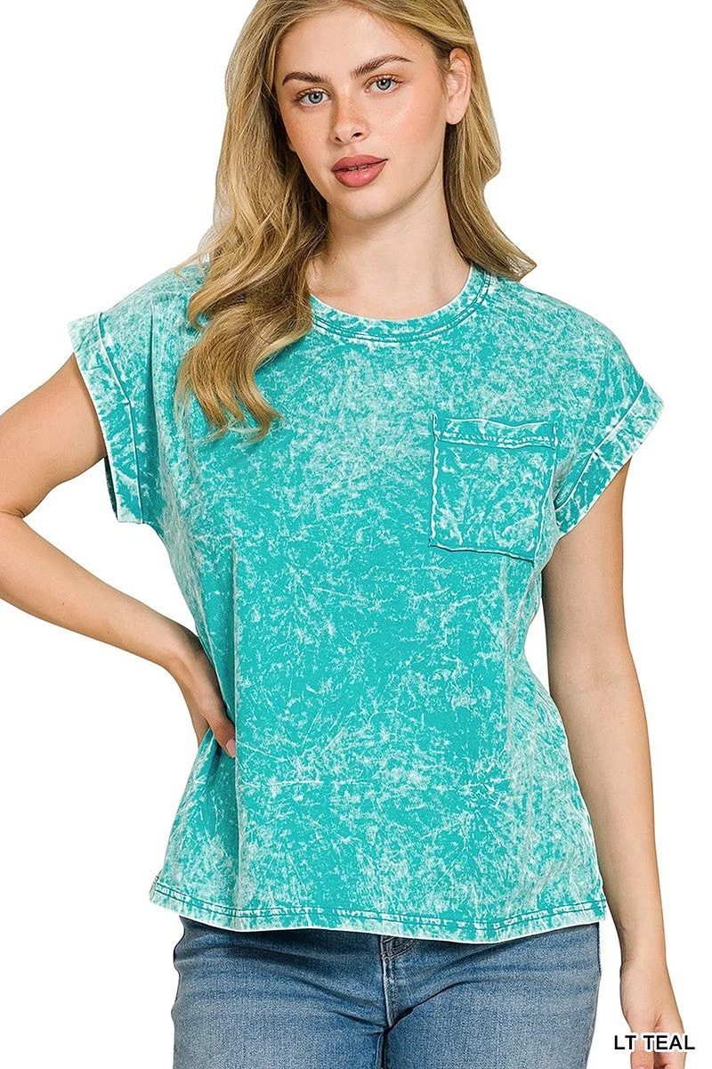 Plus size T-shirt van gekreukeld katoen met zakje, ronde hals en korte mouwen - Vintage stijl katoenen T-shirt