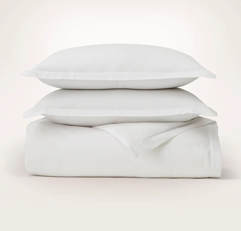 Signature Hemmed Duvet Set - White/Oak Delicate Stripe