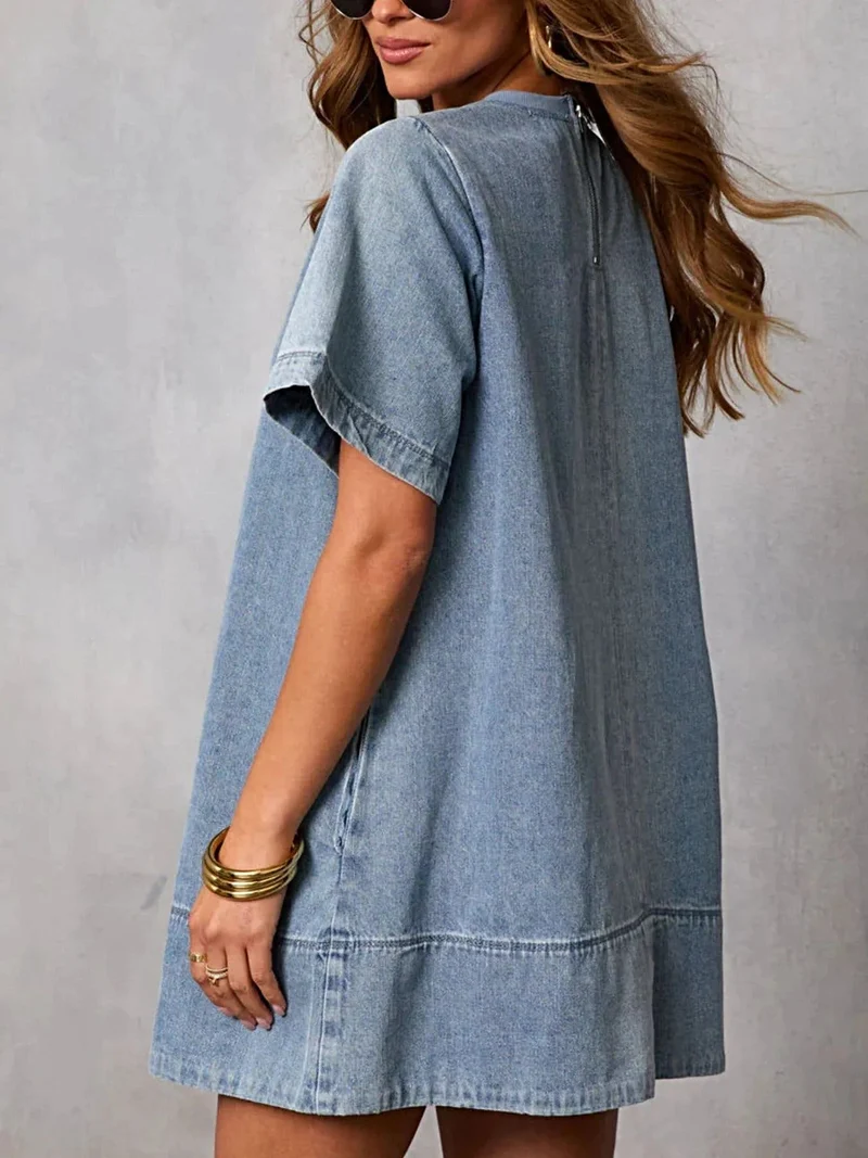 Stijlvolle denim jurk met zakken - korte mouwen, 95% rayon - perfect voor een casual, elegante look