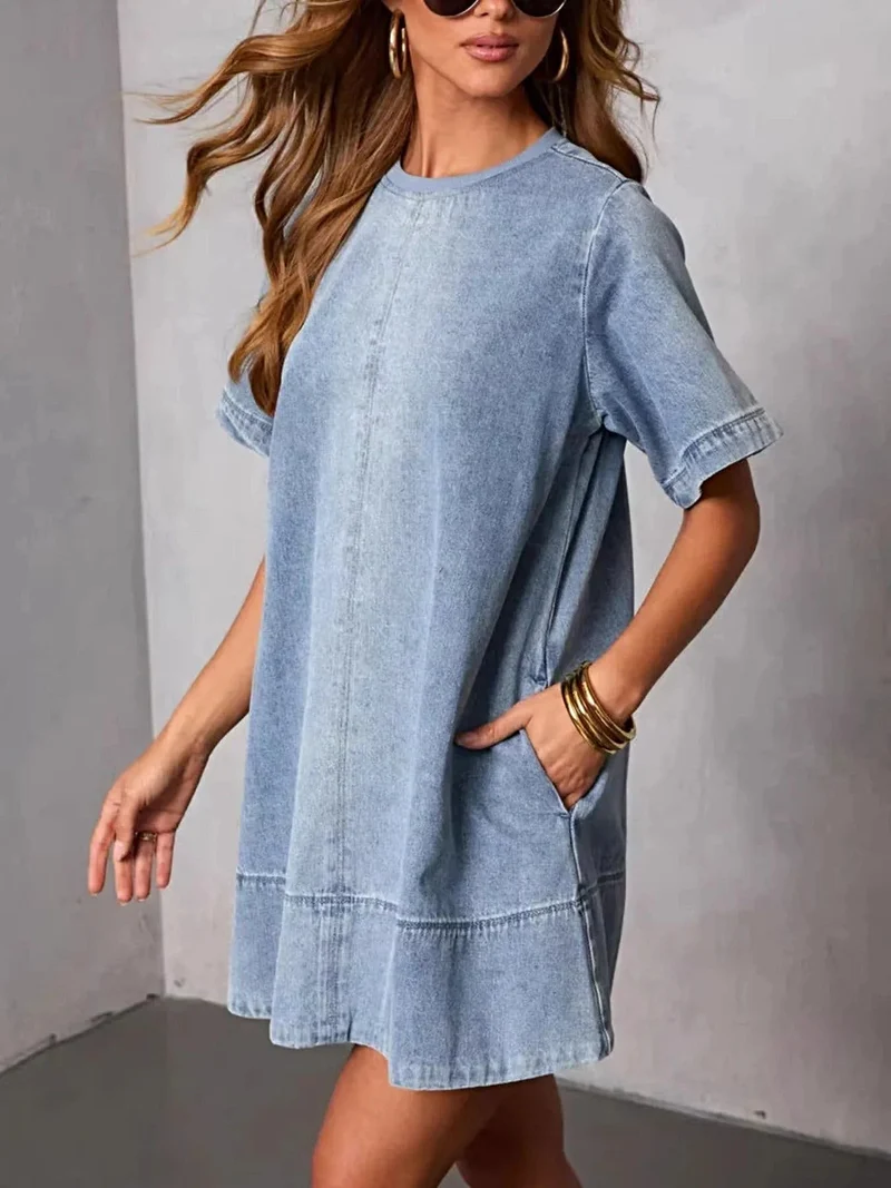 Stijlvolle denim jurk met zakken - korte mouwen, 95% rayon - perfect voor een casual, elegante look