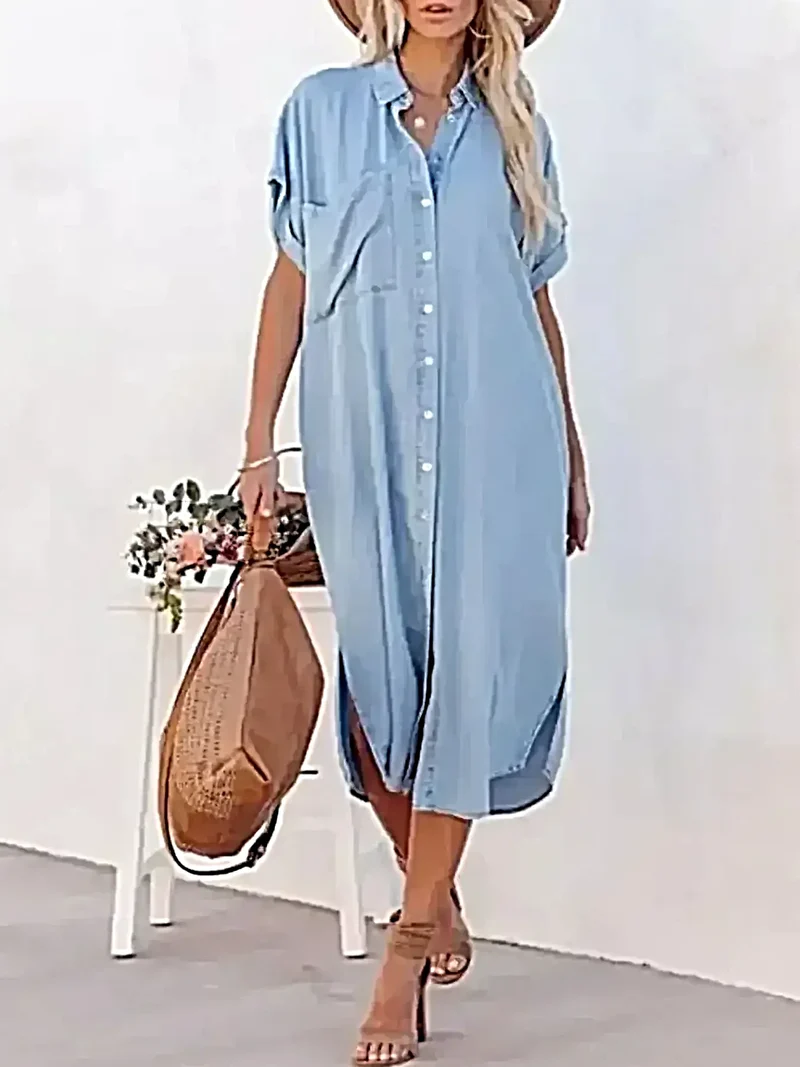 Elegante denim midi-jurk met knoopsluiting - 100% polyester, getailleerde pasvorm, machinewasbaar