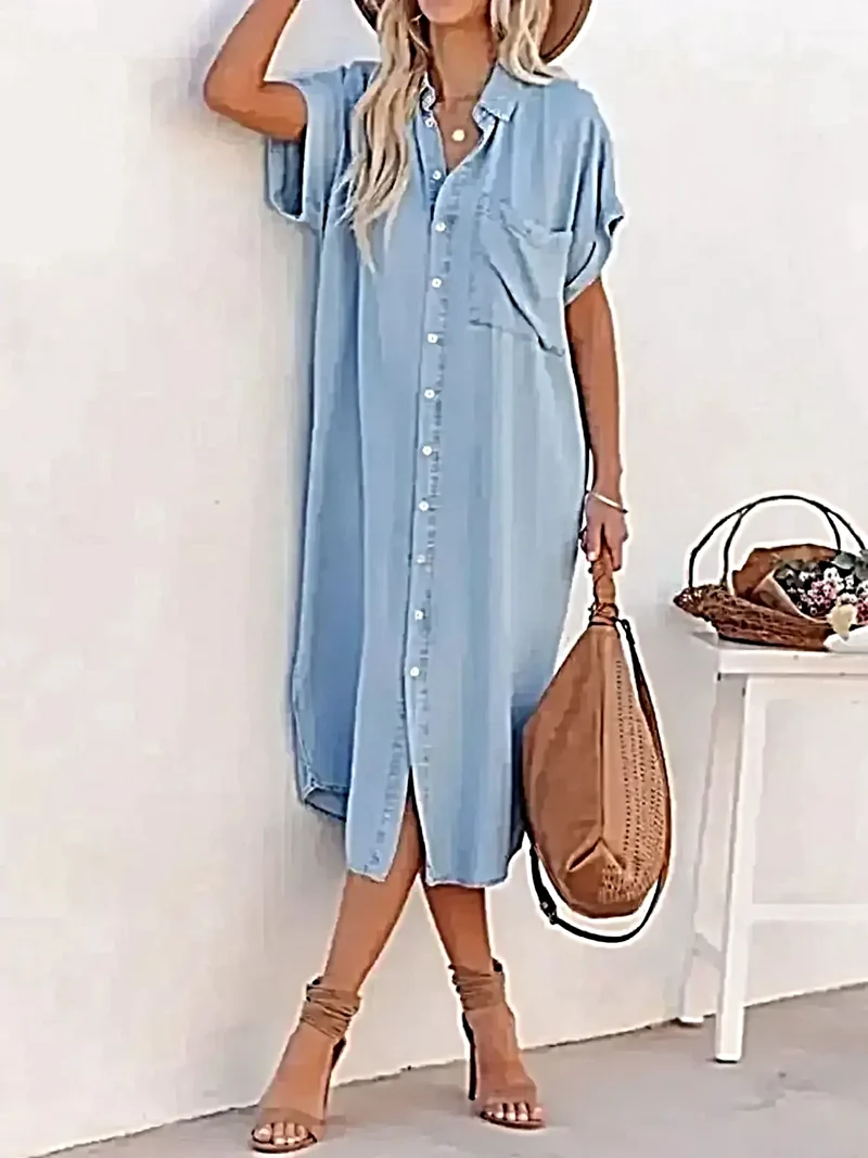 Elegante denim midi-jurk met knoopsluiting - 100% polyester, getailleerde pasvorm, machinewasbaar