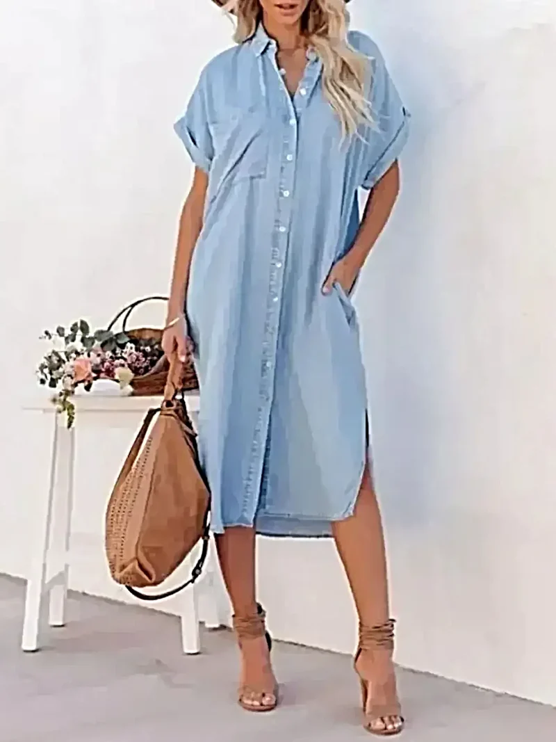 Elegante denim midi-jurk met knoopsluiting - 100% polyester, getailleerde pasvorm, machinewasbaar