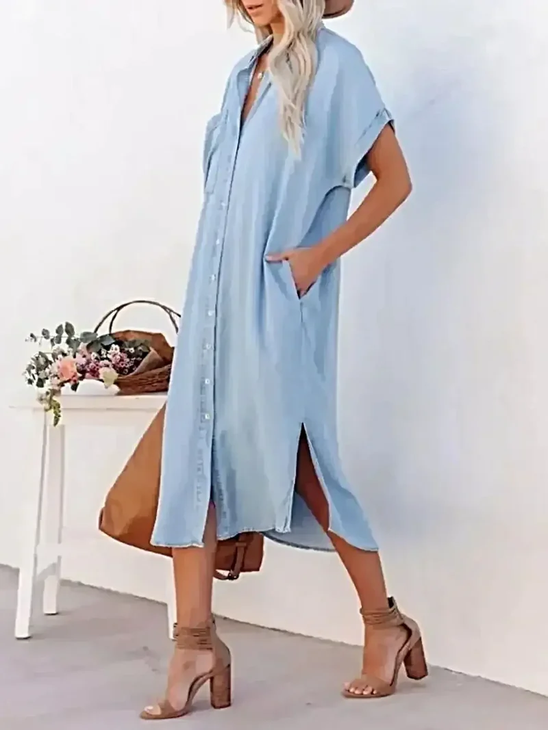 Elegante denim midi-jurk met knoopsluiting - 100% polyester, getailleerde pasvorm, machinewasbaar