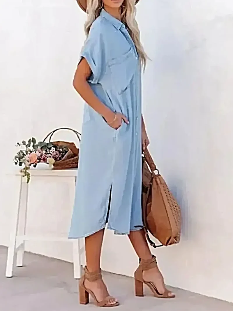 Elegante denim midi-jurk met knoopsluiting - 100% polyester, getailleerde pasvorm, machinewasbaar