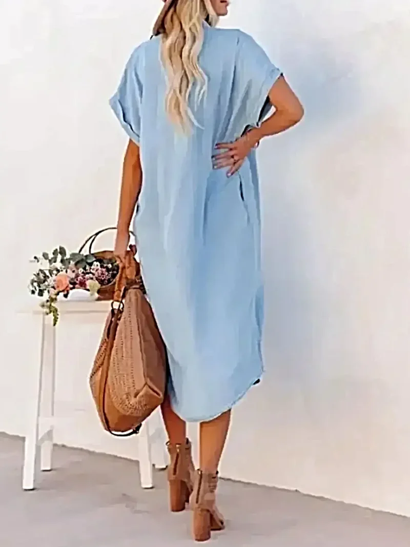 Elegante denim midi-jurk met knoopsluiting - 100% polyester, getailleerde pasvorm, machinewasbaar