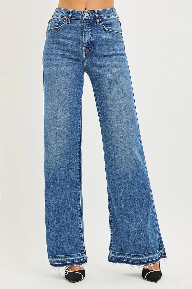 RiSEN jeans met hoge taille en wijde pijpen en gerafelde zoom