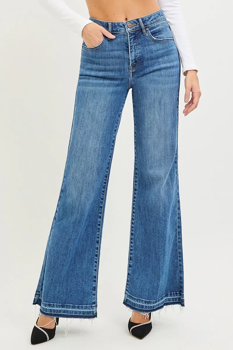RiSEN jeans met hoge taille en wijde pijpen en gerafelde zoom