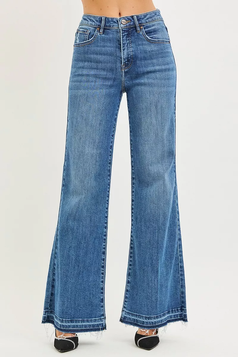 RiSEN jeans met hoge taille en wijde pijpen en gerafelde zoom
