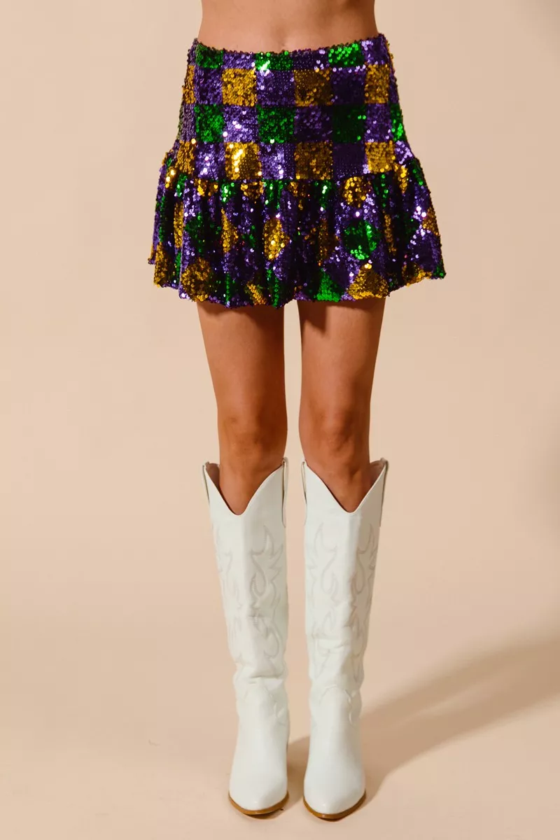 SO ME Mardi Gras geruite minirok met pailletten