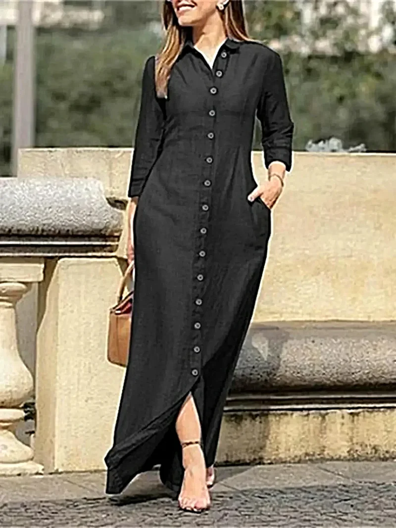 Maxi-jurk met knoopsluiting, zakken en zijsplit - Elegante denim