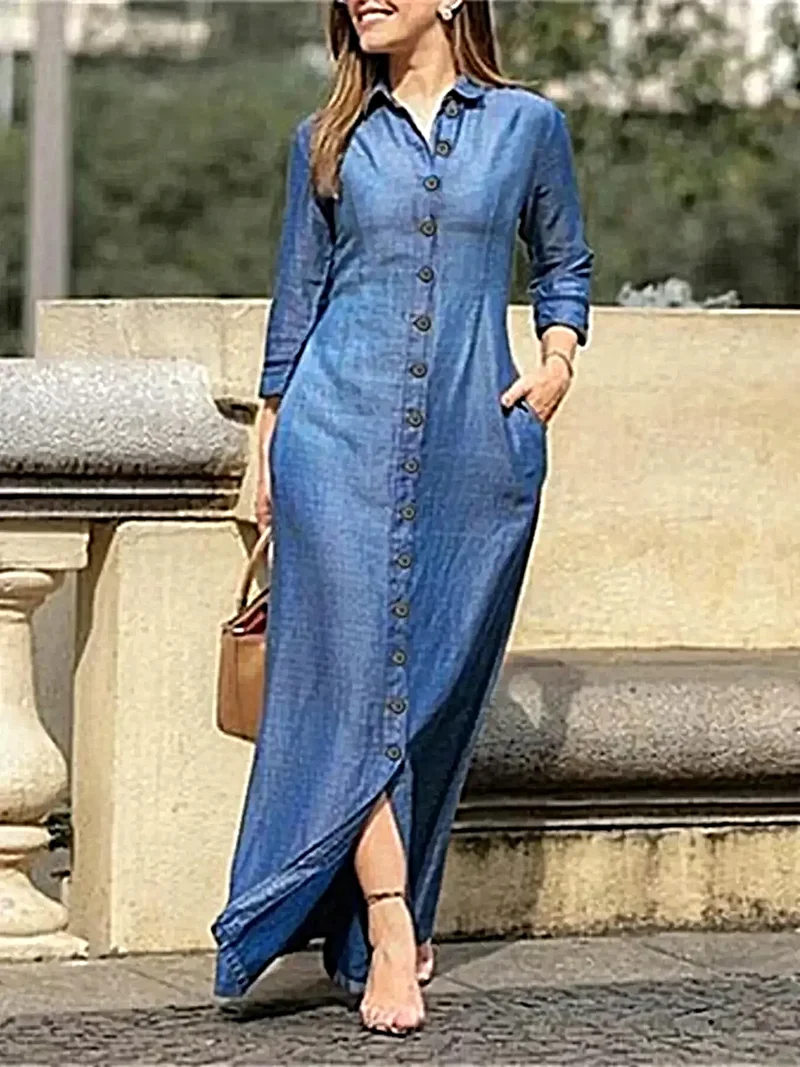 Maxi-jurk met knoopsluiting, zakken en zijsplit - Elegante denim