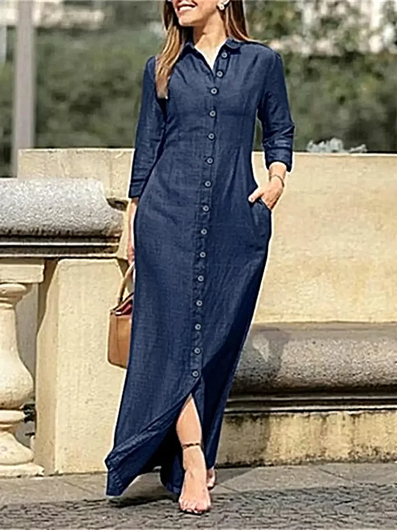 Maxi-jurk met knoopsluiting, zakken en zijsplit - Elegante denim