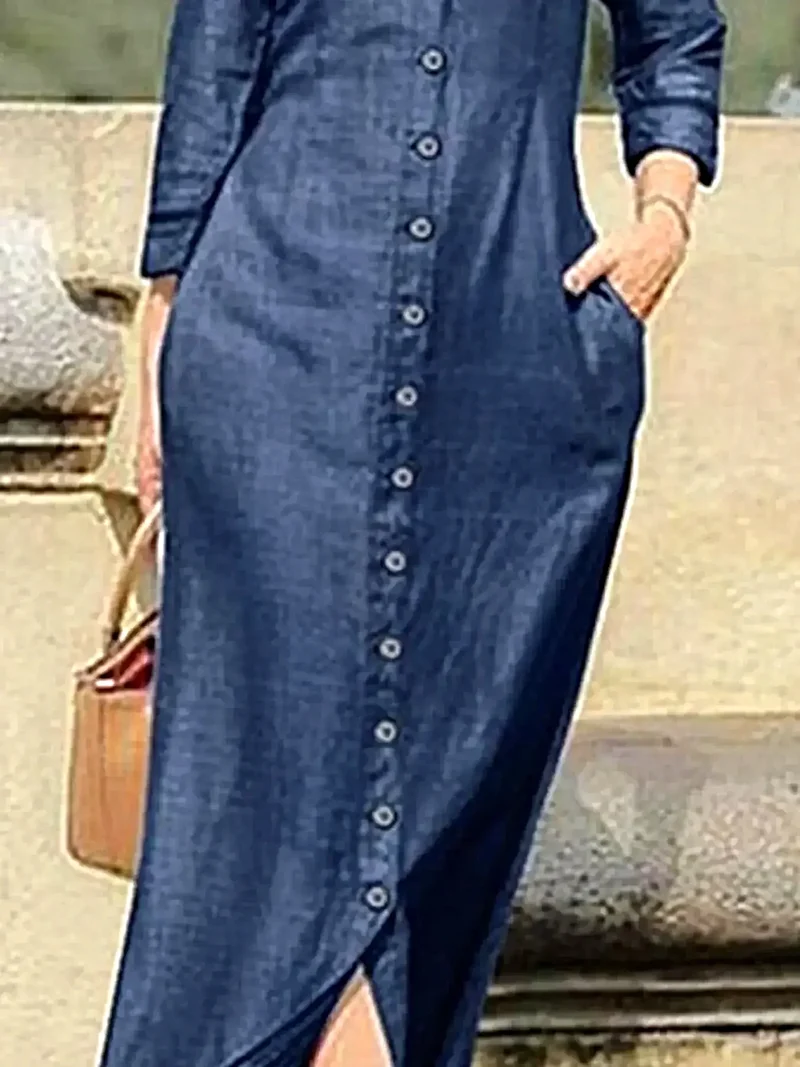 Maxi-jurk met knoopsluiting, zakken en zijsplit - Elegante denim