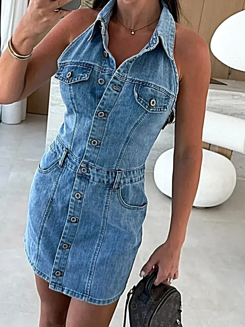 Stijlvol mouwloos denim mini-jurkje met knoopjes en zakken – licht elastisch model