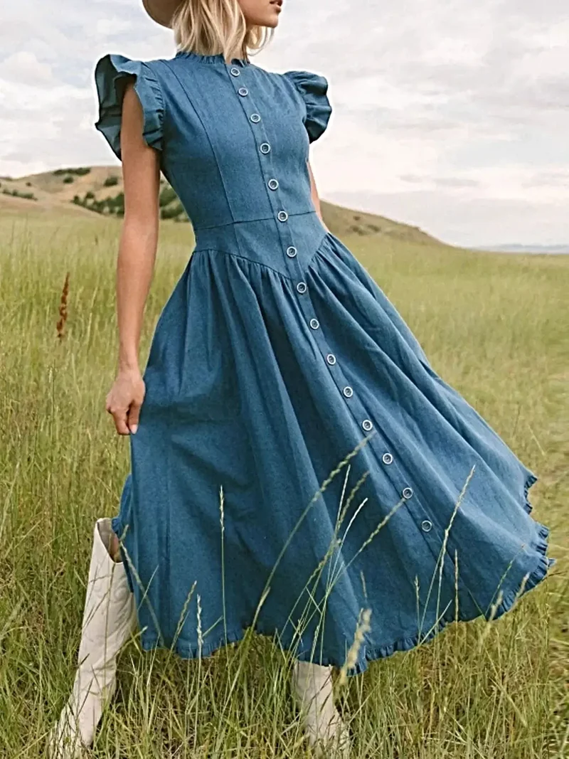 Elegante jurk met ruches en korte mouwen - Knoopsluiting, gelaagd ontwerp, gemaakt van hoogwaardige denimstof