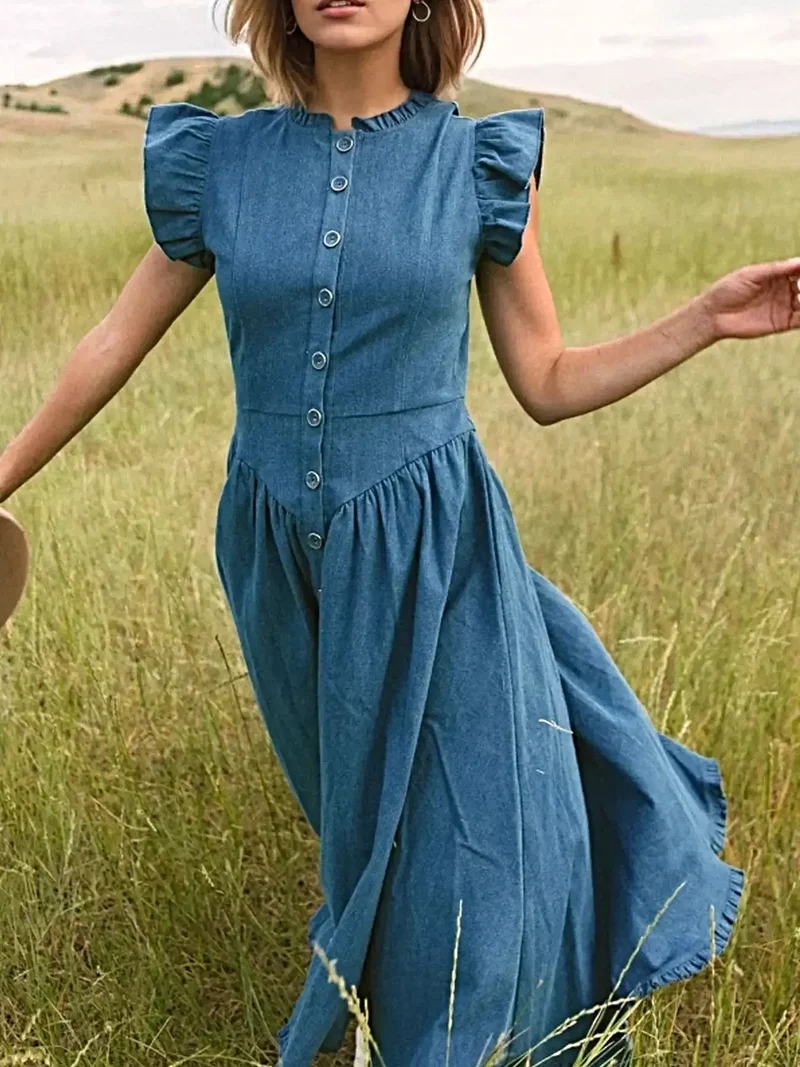 Elegante jurk met ruches en korte mouwen - Knoopsluiting, gelaagd ontwerp, gemaakt van hoogwaardige denimstof