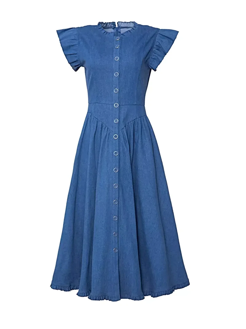 Elegante jurk met ruches en korte mouwen - Knoopsluiting, gelaagd ontwerp, gemaakt van hoogwaardige denimstof