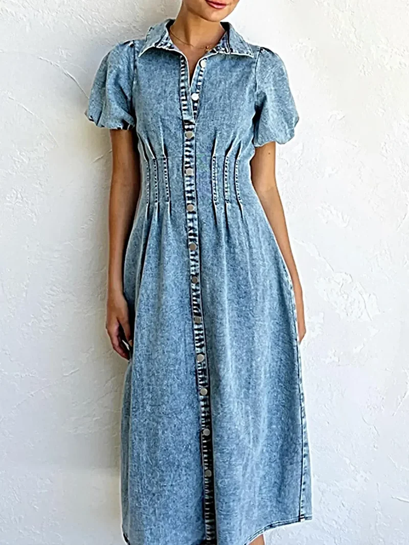Elegante midi-jurk van denim met pofmouwen en knoopsluiting aan de voorkant - 80% katoen, tijdloze stijl
