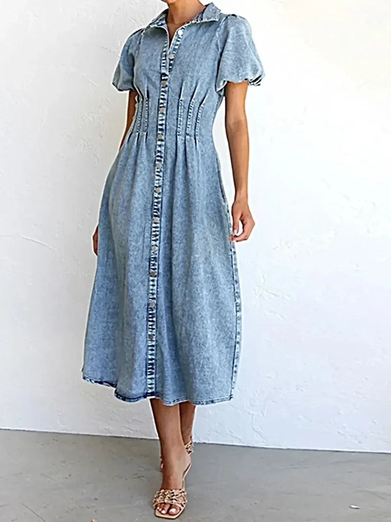 Elegante midi-jurk van denim met pofmouwen en knoopsluiting aan de voorkant - 80% katoen, tijdloze stijl