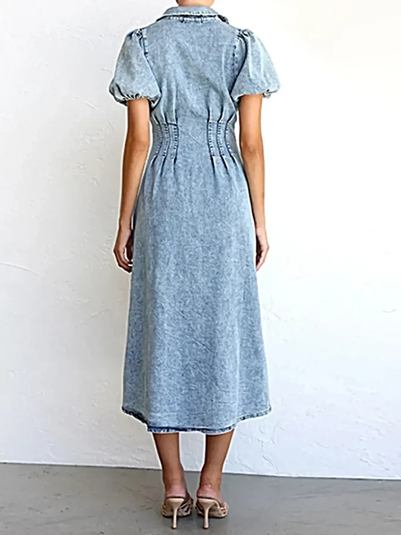 Elegante midi-jurk van denim met pofmouwen en knoopsluiting aan de voorkant - 80% katoen, tijdloze stijl
