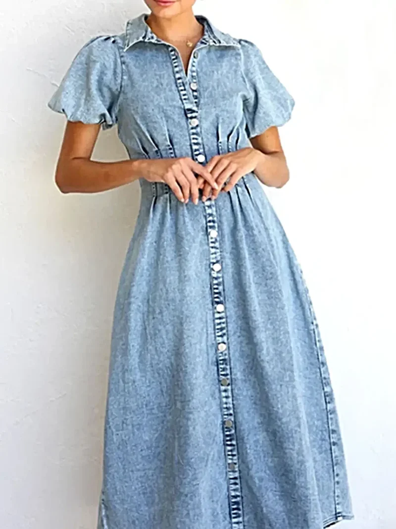 Elegante midi-jurk van denim met pofmouwen en knoopsluiting aan de voorkant - 80% katoen, tijdloze stijl