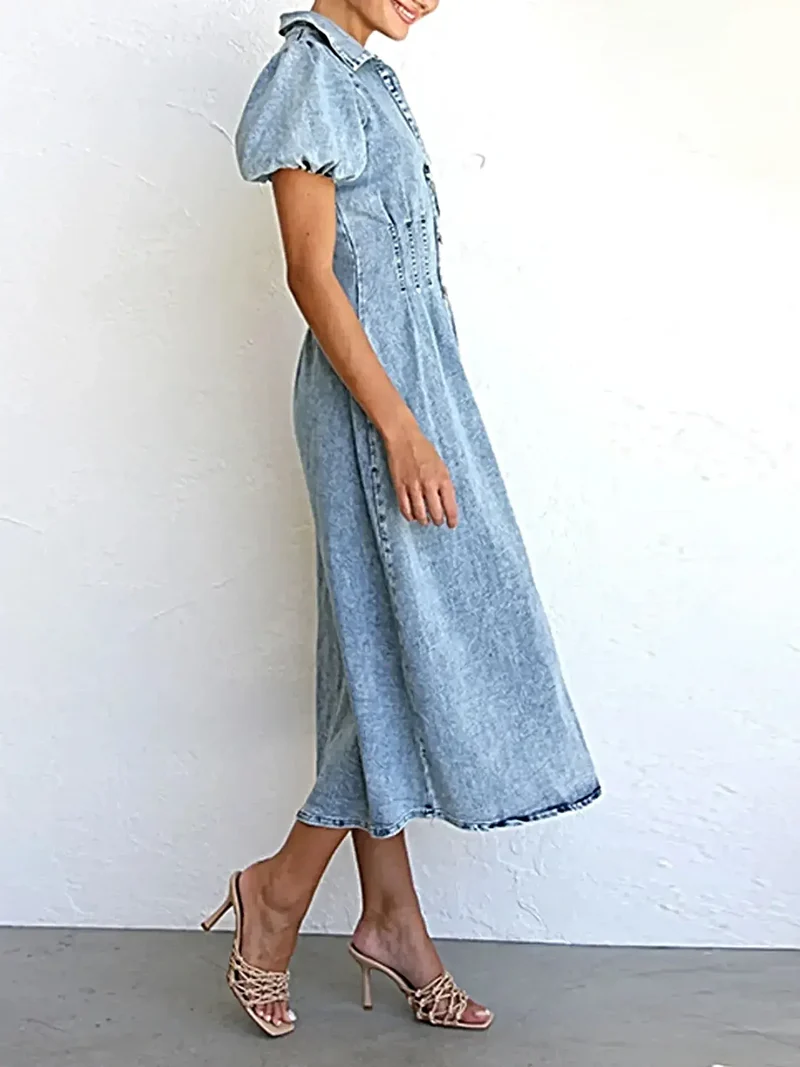 Elegante midi-jurk van denim met pofmouwen en knoopsluiting aan de voorkant - 80% katoen, tijdloze stijl