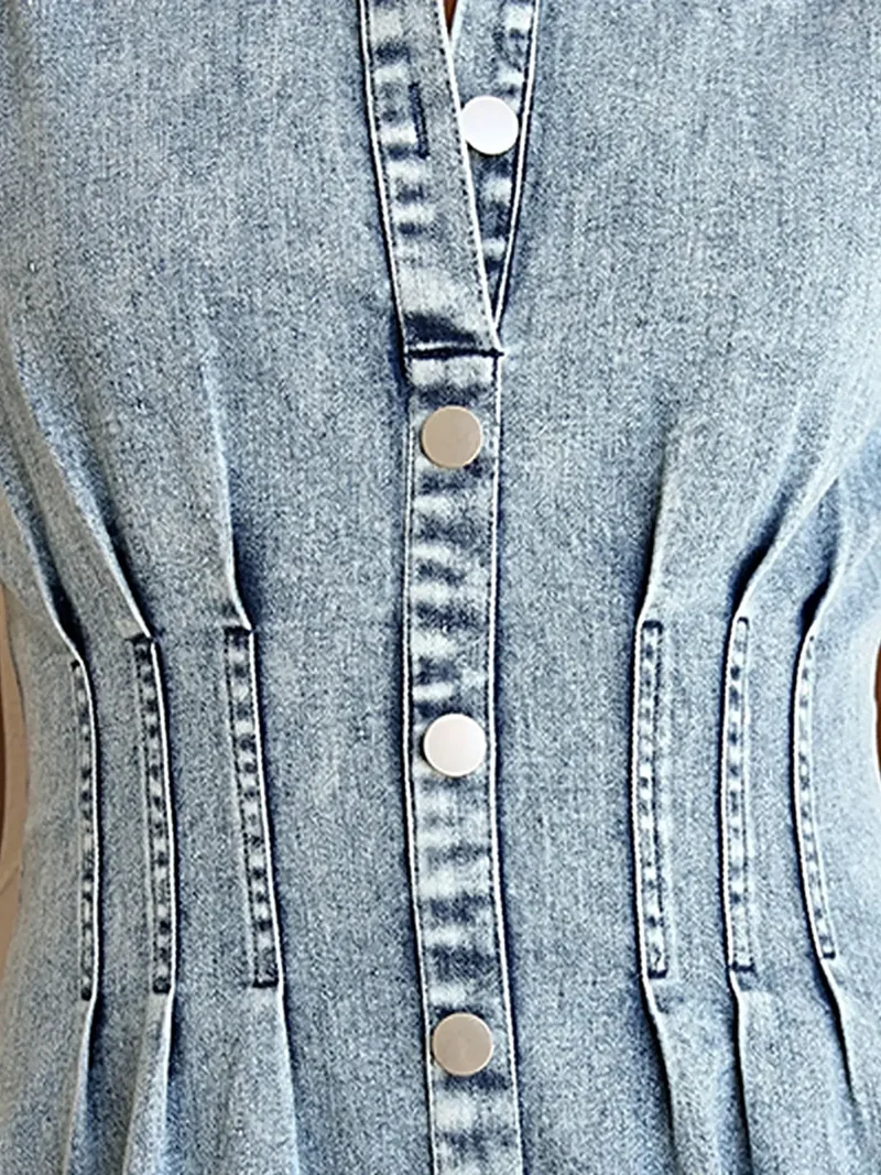 Elegante midi-jurk van denim met pofmouwen en knoopsluiting aan de voorkant - 80% katoen, tijdloze stijl
