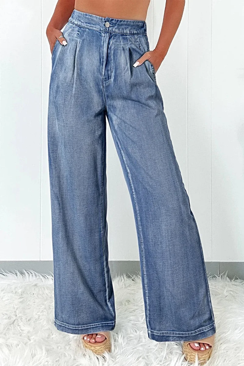 Jeans met hoge taille en wijde pijpen, inclusief zakken – 95% katoen voor ultiem comfort
